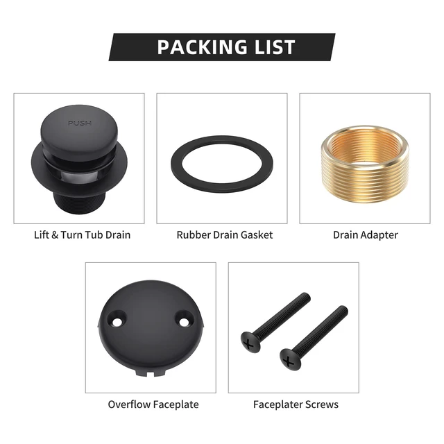 Alt view image 5 of 6 - Matte Black Bath Tub Drain and Overflow Kit, Bathtub Drain Stopper Tub Drain Cover with 2-Hole Overflow Faceplate, All Metal Tip-Toe Bathtub Drains Replacement Kit with Fine/Coarse Thread