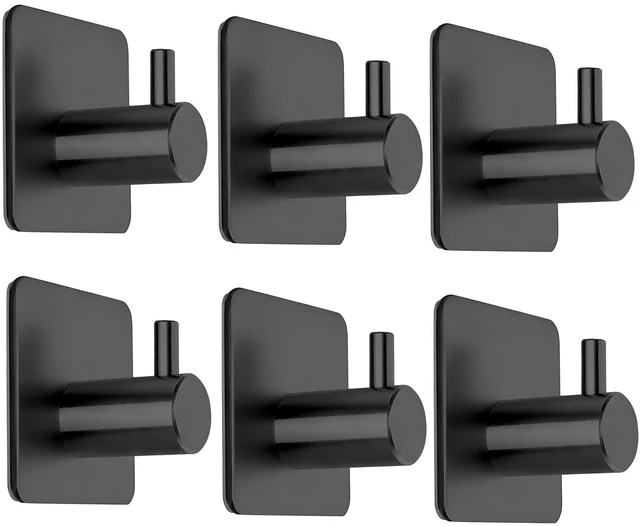 Main image of No Drill Black Adhesive Towel Hooks 15lbs Stick on Hooks Heavy Duty Waterproof Anti-Slip Wall Hooks for Bathroom Kitchen Entryway Dorm-6 Packs