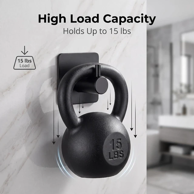 Alt view image 2 of 7 - No Drill Black Adhesive Towel Hooks 15lbs Stick on Hooks Heavy Duty Waterproof Anti-Slip Wall Hooks for Bathroom Kitchen Entryway Dorm-6 Packs