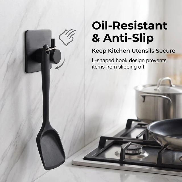 Alt view image 4 of 7 - No Drill Black Adhesive Towel Hooks 15lbs Stick on Hooks Heavy Duty Waterproof Anti-Slip Wall Hooks for Bathroom Kitchen Entryway Dorm-6 Packs