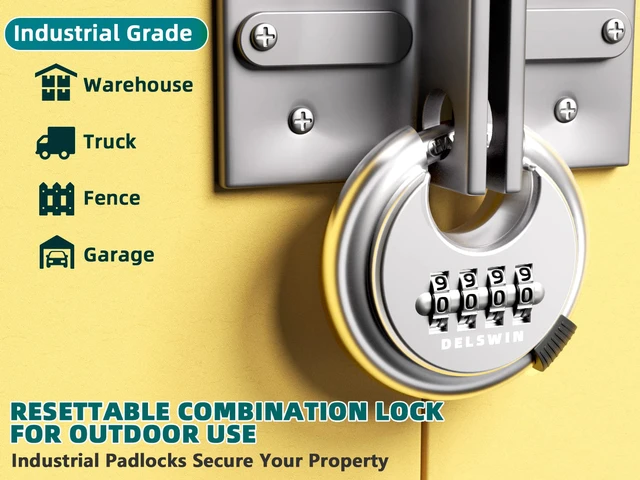 Alt view image 4 of 7 - 4 Digit Combination Lock Disc Padlock with Hardened Steel Shackle Outdoor Combo Lock for Outdoor Gate Sheds,Storage Unit,Garage,Fence,Gym Locker(2 Pcs)