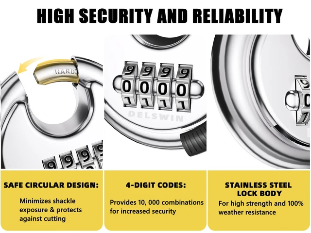 Alt view image 5 of 7 - 4 Digit Combination Lock Disc Padlock with Hardened Steel Shackle Outdoor Combo Lock for Outdoor Gate Sheds,Storage Unit,Garage,Fence,Gym Locker(2 Pcs)