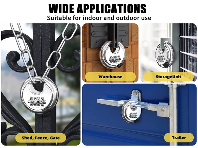 Alt view image 6 of 7 - 4 Digit Combination Lock Disc Padlock with Hardened Steel Shackle Outdoor Combo Lock for Outdoor Gate Sheds,Storage Unit,Garage,Fence,Gym Locker(2 Pcs)