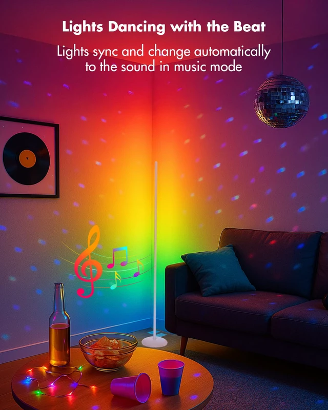 Alt view image 6 of 7 - LED Corner Lamp, Smart RGB Floor Lamp for Living Room, Bedroom 1200LM Dimmable with 16 Million Color Changing, Music Sync, APP & Remote Control, Standing LED Light for Gaming Room - Silver