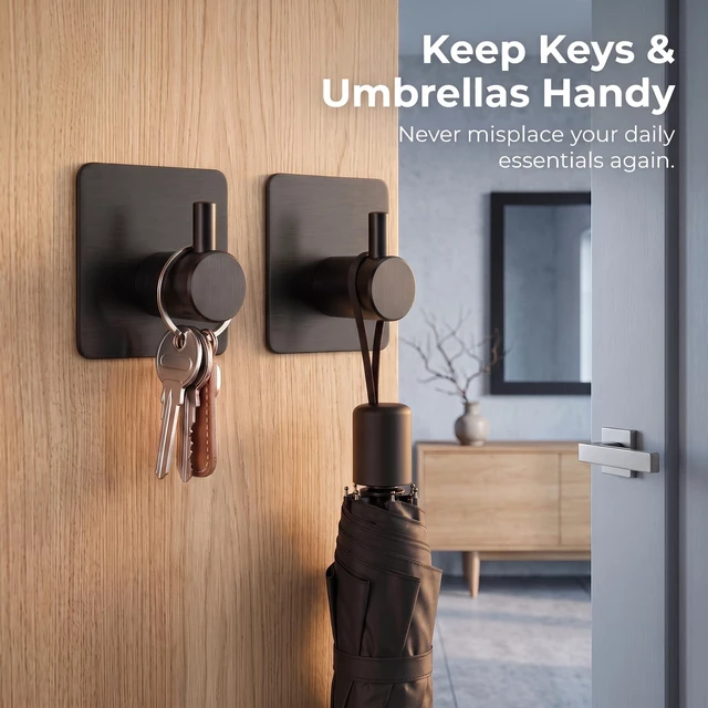 Alt view image 5 of 7 - No Drill Black Adhesive Towel Hooks 15lbs Stick on Hooks Heavy Duty Waterproof Anti-Slip Wall Hooks for Bathroom Kitchen Entryway Dorm-6 Packs