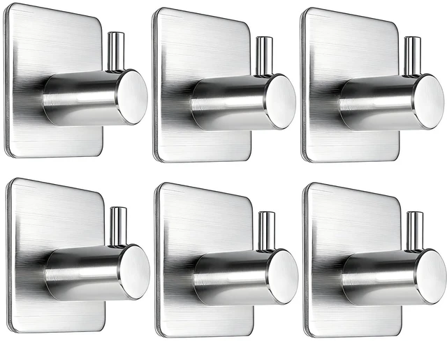 Main image of Adhesive Wall Hooks, 15lbs Stainless Steel Heavy Duty No Drill Towel Hooks for Bathroom Kitchen Entryway Dorm-6 Packs