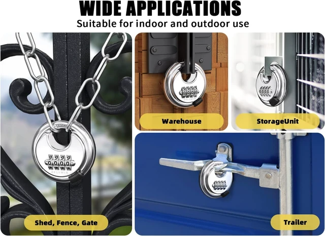 Alt view image 7 of 7 - 4-Digit Disc Combination Lock Outdoor - Heavy Duty Combination Padlocks with Hardened Steel Shackle Weatherproof Combo Locks for Gates,Sheds,Fence,Storage Unit (3/8" Shackle, Black and Silver)
