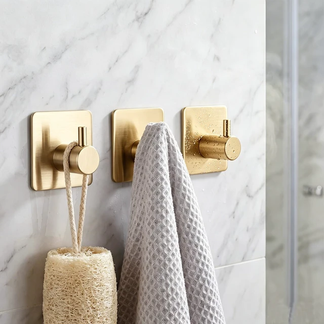 Alt view image 3 of 6 - Gold Brushed 304 Stainless Steel Adhesive Wall Hooks, 15 lbs Heavy Duty No Drill Waterproof Rustproof Oil Resistant Anti-Slip Stick On Hooks-6 Pack