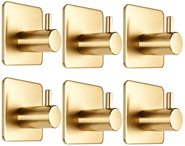 Main image of Gold Brushed 304 Stainless Steel Adhesive Wall Hooks, 15 lbs Heavy Duty No Drill Waterproof Rustproof Oil Resistant Anti-Slip Stick On Hooks-6 Pack