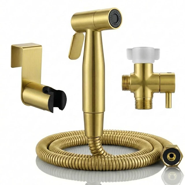 Main image of Handheld Bidet Sprayer for Toilet, Stainless Steel Metal Made Baby Cloth Diaper Spraying Kit, Bathroom Toilet Bidet Attachment Set for Bathing Pets and Feminine Hygiene, Brushed Brass Gold
