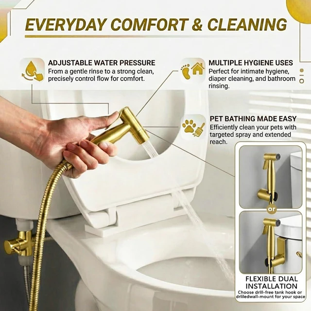 Alt view image 2 of 7 - Handheld Bidet Sprayer for Toilet, Stainless Steel Metal Made Baby Cloth Diaper Spraying Kit, Bathroom Toilet Bidet Attachment Set for Bathing Pets and Feminine Hygiene, Brushed Brass Gold