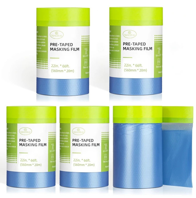 Main image of Pre-Taped Masking Film for Painting - 22" x 66' Painters Plastic Sheeting with Automotive Paint Tape and Drape for Covering Cars, Walls, Windows and Furniture Protection (5 Rolls)