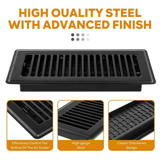 Alt view image 3 of 7 - Black Vent Cover, Floor Register 4x10, Heavy Duty Steel Walkable Floor Vents, Easy Adjust Air Supply Lever, Vent Covers for Home Floor, 4 Pack Black