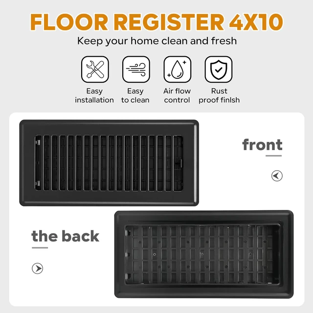 Alt view image 5 of 7 - Black Vent Cover, Floor Register 4x10, Heavy Duty Steel Walkable Floor Vents, Easy Adjust Air Supply Lever, Vent Covers for Home Floor, 4 Pack Black