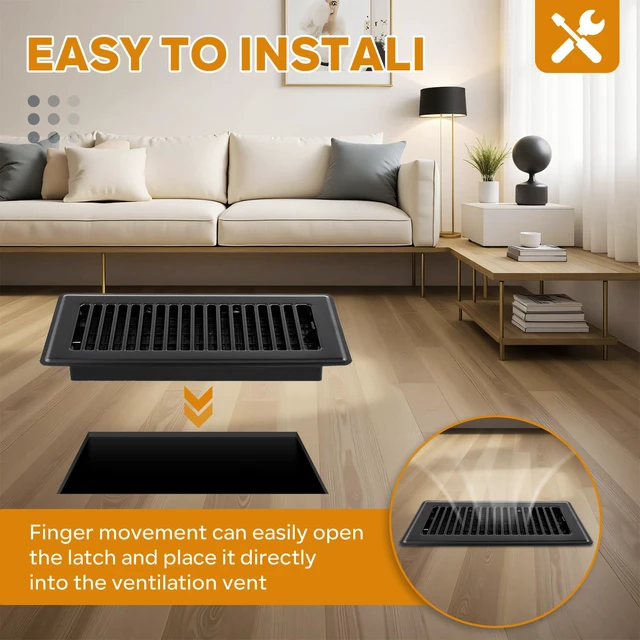 Alt view image 4 of 7 - Black Vent Cover, Floor Register 4x10, Heavy Duty Steel Walkable Floor Vents, Easy Adjust Air Supply Lever, Vent Covers for Home Floor, 4 Pack Black