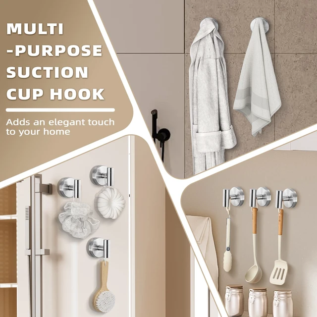 Alt view image 3 of 7 - Suction Cup Hooks for Shower - Bathroom Reusable Hooks for Towels, Robes & Loofah - No-Drill Mounting on Kitchen,Walls,Metal,Glass,Mirrors,Tile & Smooth Non-Porous Surfaces (2, Brushed Nickel)