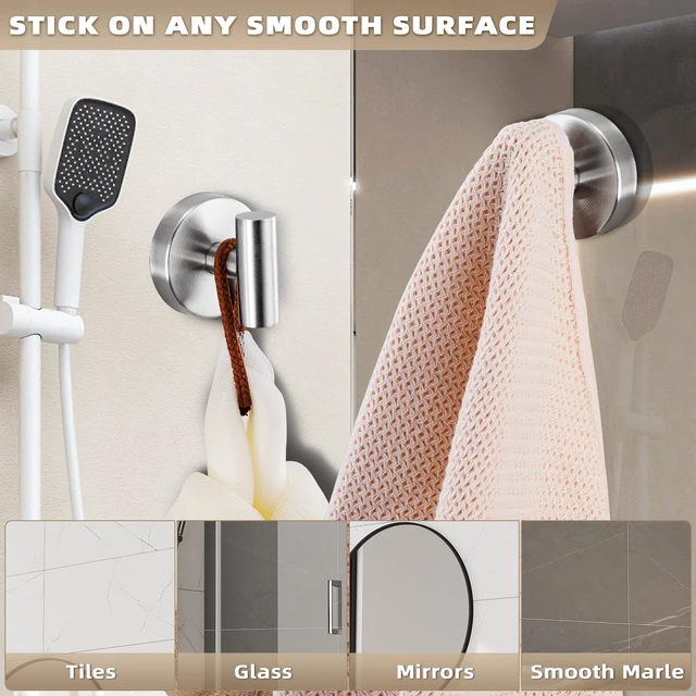 Alt view image 4 of 7 - Suction Cup Hooks for Shower - Bathroom Reusable Hooks for Towels, Robes & Loofah - No-Drill Mounting on Kitchen,Walls,Metal,Glass,Mirrors,Tile & Smooth Non-Porous Surfaces (2, Brushed Nickel)