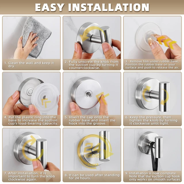 Alt view image 6 of 7 - Suction Cup Hooks for Shower - Bathroom Reusable Hooks for Towels, Robes & Loofah - No-Drill Mounting on Kitchen,Walls,Metal,Glass,Mirrors,Tile & Smooth Non-Porous Surfaces (2, Brushed Nickel)
