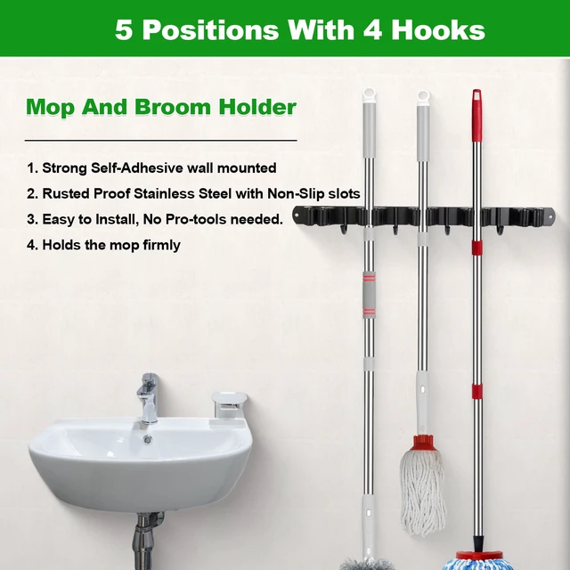 Alt view image 2 of 7 - 5 Racks and 4 Hooks Mop and Broom Holder Wall Mount, Self Adhesive Heavy Duty Broom Hanger Organizer Storage Tool Racks for Kitchen Garden Laundry Garage Black