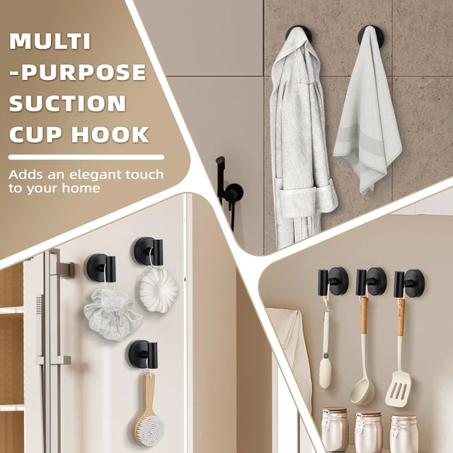 Alt view image 4 of 7 - Suction Cup Hooks for Shower - Bathroom Reusable Hooks for Towels, Robes & Loofah - No-Drill Mounting on Kitchen,Walls,Metal,Glass,Mirrors,Tile & Smooth Non-Porous Surfaces (2, Matte Black)