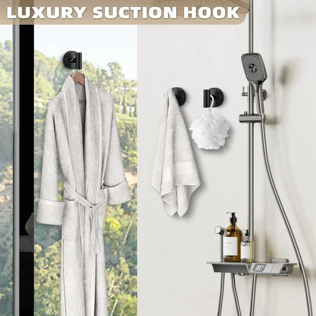 Alt view image 5 of 7 - Suction Cup Hooks for Shower - Bathroom Reusable Hooks for Towels, Robes & Loofah - No-Drill Mounting on Kitchen,Walls,Metal,Glass,Mirrors,Tile & Smooth Non-Porous Surfaces (2, Matte Black)