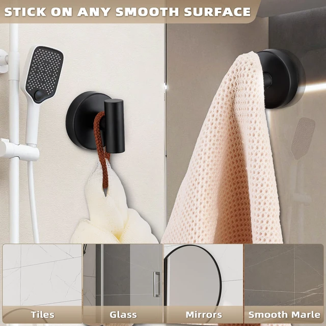 Alt view image 3 of 7 - Suction Cup Hooks for Shower - Bathroom Reusable Hooks for Towels, Robes & Loofah - No-Drill Mounting on Kitchen,Walls,Metal,Glass,Mirrors,Tile & Smooth Non-Porous Surfaces (2, Matte Black)