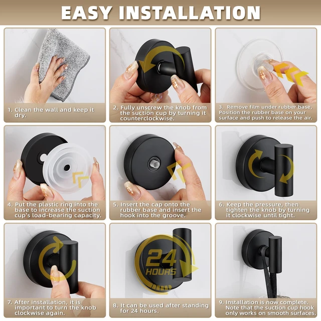Alt view image 6 of 7 - Suction Cup Hooks for Shower - Bathroom Reusable Hooks for Towels, Robes & Loofah - No-Drill Mounting on Kitchen,Walls,Metal,Glass,Mirrors,Tile & Smooth Non-Porous Surfaces (2, Matte Black)