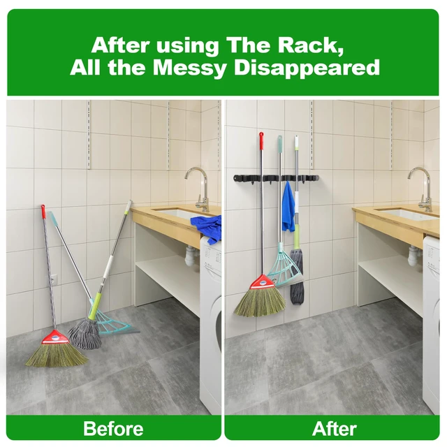 Alt view image 3 of 7 - 5 Racks and 4 Hooks Mop and Broom Holder Wall Mount, Self Adhesive Heavy Duty Broom Hanger Organizer Storage Tool Racks for Kitchen Garden Laundry Garage Black