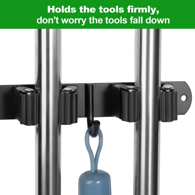 Alt view image 4 of 7 - 5 Racks and 4 Hooks Mop and Broom Holder Wall Mount, Self Adhesive Heavy Duty Broom Hanger Organizer Storage Tool Racks for Kitchen Garden Laundry Garage Black