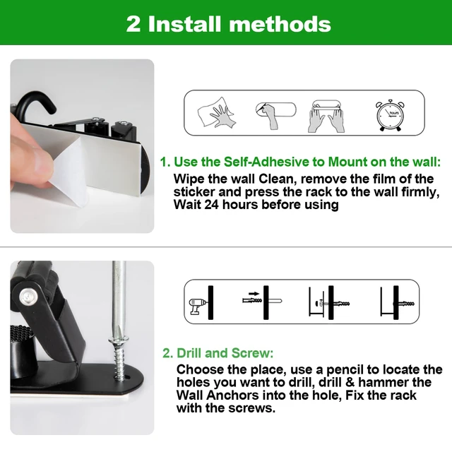 Alt view image 5 of 7 - 5 Racks and 4 Hooks Mop and Broom Holder Wall Mount, Self Adhesive Heavy Duty Broom Hanger Organizer Storage Tool Racks for Kitchen Garden Laundry Garage Black