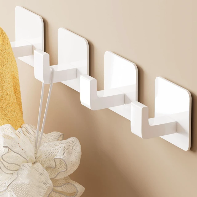 Main image of Square Self Adhesive Towel Hooks - 4 Pack White Metal Hooks Self-Adhesive, Durable Aluminum, Rust Resistant, Right-Angle Style, Easy Install, Space Saving