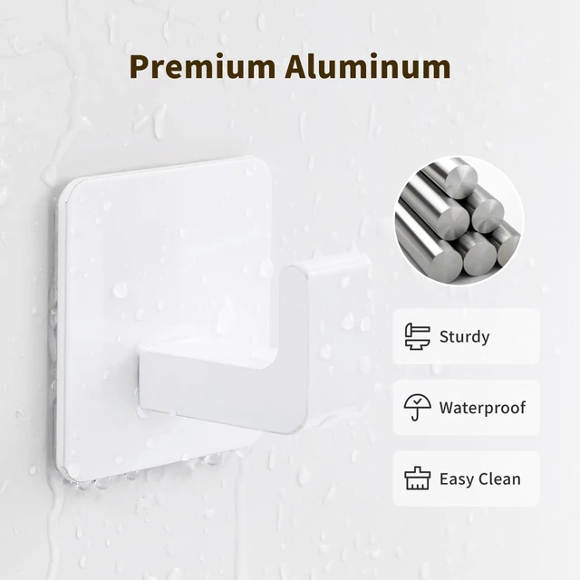 Alt view image 3 of 7 - Square Self Adhesive Towel Hooks - 4 Pack White Metal Hooks Self-Adhesive, Durable Aluminum, Rust Resistant, Right-Angle Style, Easy Install, Space Saving