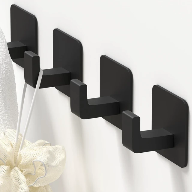 Main image of Square Self Adhesive Towel Hooks - 4 Pack Matte Black Metal Hooks, Right-Angle Design for Towels, Robes & Hats, Organize Bathroom, Kitchen, Entryway, Doors, Cabinets on Smooth Surfaces