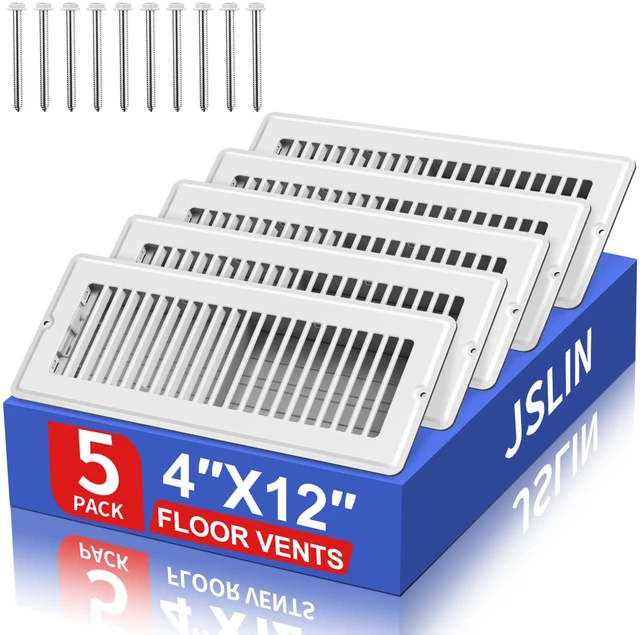 Main image of 4x12 Floor Register, 5-Pack White Vent Covers for Home Floor Wall Ceiling Heavy Duty Steel Floor Vents, Quiet & Anti-Rust Adjustable Air Vent Cover, 10 Screws Include, Fits 4" x 12" Duct Opening