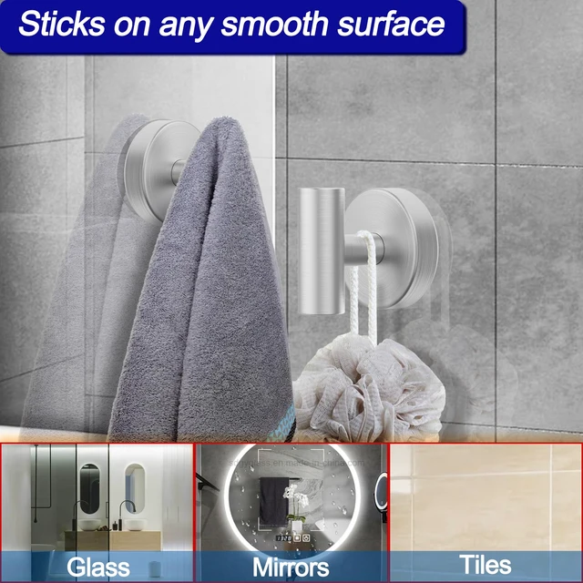 Alt view image 3 of 7 - Suction Cup Hooks, Shower Hooks for Inside Shower Removable Towel Hooks for Bathroom Window Glass Mirror Tile, Bath Robe Looafh Hook for Hanging Waterproof & Rustproof, Silver(2 Pack)