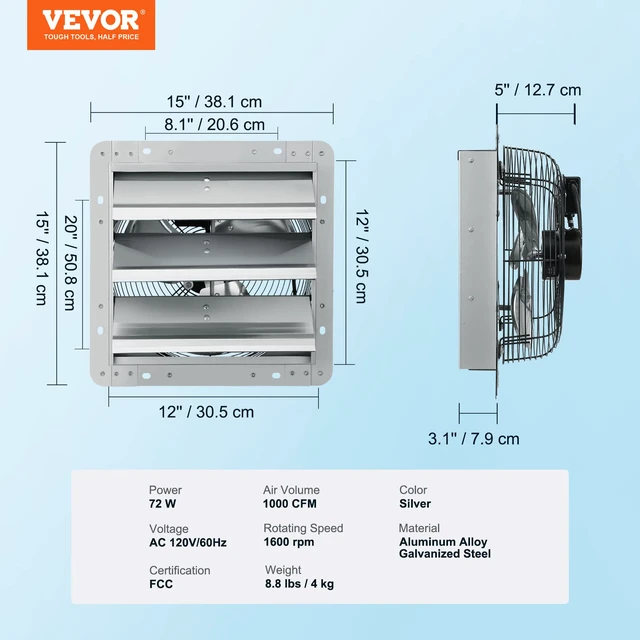 Alt view image 7 of 7 - 12 Inch Shutter Exhaust Fan Wall Mounted 1347 CFM Automatic Louvers, Sturdy Steel Housing, Low Noise, AC Motor, Ventilation and Cooling for Attic, Garage, Barn, Greenhouse, Workshop, Silver