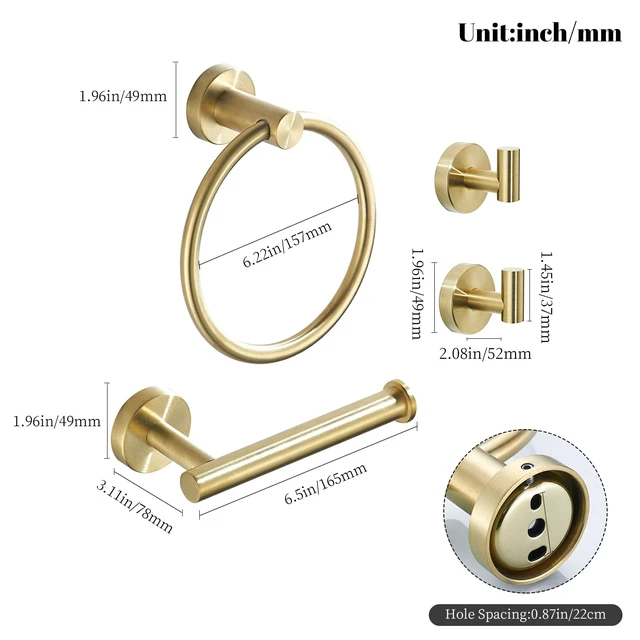 Alt view image 7 of 7 - Gold Bathroom Hardware Set, Brushed Gold Toilet Paper Holder Towel Ring and 2 Robe Hook Bathroom Accessories Hand Towel Holder Kit Wall Mount Stainless Steel, 4 Pieces