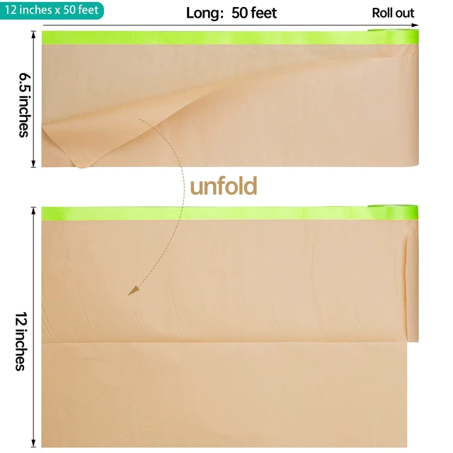 Alt view image 2 of 7 - Pre-Taped Masking Paper for Painting - 12 inch x 50 feet Tape and Drape Painters Paper, Paint Adhesive Protective Paper Roll for Covering Skirting, Frames, Cars and Auto Body (2 Rolls)