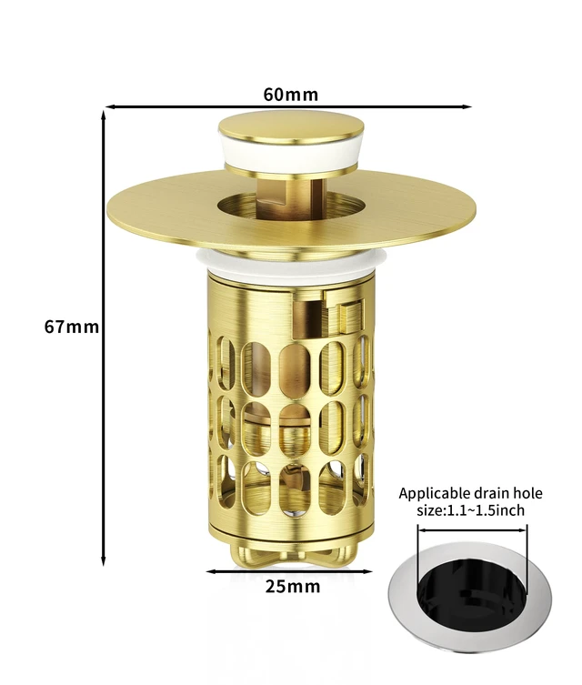 Alt view image 2 of 7 - Upgraded Bathroom Sink Stopper with Hair Catcher - Universal Pop-Up Drain Plug, Stainless Steel & Silicone Seal for 1.1-1.5 Inch Drains, Gold Matte Brushed Finish (Gold Matte Brushed)