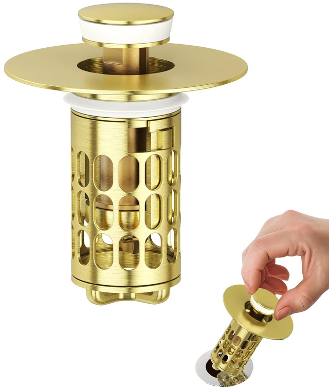 Main image of Upgraded Bathroom Sink Stopper with Hair Catcher - Universal Pop-Up Drain Plug, Stainless Steel & Silicone Seal for 1.1-1.5 Inch Drains, Gold Matte Brushed Finish (Gold Matte Brushed)