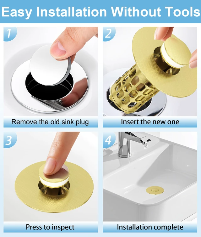 Alt view image 5 of 7 - Upgraded Bathroom Sink Stopper with Hair Catcher - Universal Pop-Up Drain Plug, Stainless Steel & Silicone Seal for 1.1-1.5 Inch Drains, Gold Matte Brushed Finish (Gold Matte Brushed)