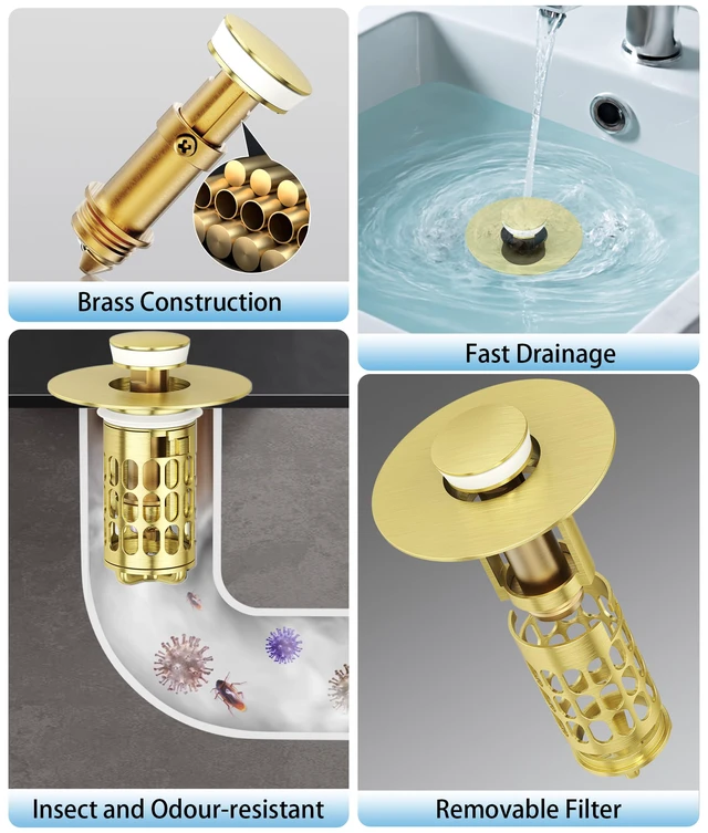 Alt view image 4 of 7 - Upgraded Bathroom Sink Stopper with Hair Catcher - Universal Pop-Up Drain Plug, Stainless Steel & Silicone Seal for 1.1-1.5 Inch Drains, Gold Matte Brushed Finish (Gold Matte Brushed)