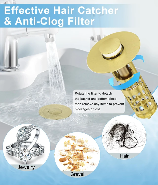 Alt view image 6 of 7 - Upgraded Bathroom Sink Stopper with Hair Catcher - Universal Pop-Up Drain Plug, Stainless Steel & Silicone Seal for 1.1-1.5 Inch Drains, Gold Matte Brushed Finish (Gold Matte Brushed)