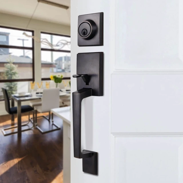 Alt view image 6 of 7 - Front Door Handle and Deadbolt Set, Front Door Lock Set, Exterior Door Lock Set, Front Door Handle with Single Cylinder Deadbolt for Exterior Door, Reversible for Right&Left(Oil Bronze Modern)
