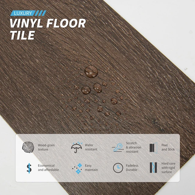 Alt view image 3 of 7 - 12-Pack Wood Texture Peel and Stick Vinyl Flooring Tiles, Brown Stone 18 & 54 sq.ft Options, Rigid Surface Hard Core, Waterproof, Self-Adhesive, Impact Resistant, Fit Indoor Household Spaces