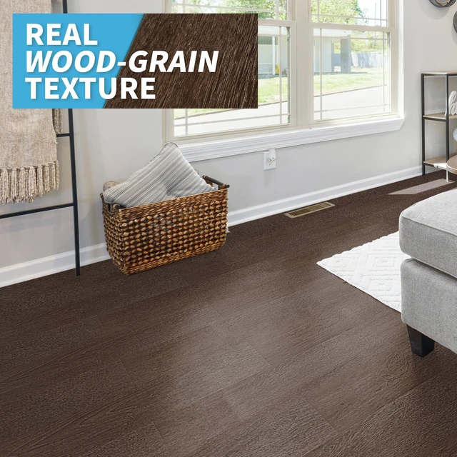 Alt view image 2 of 7 - 12-Pack Wood Texture Peel and Stick Vinyl Flooring Tiles, Brown Stone 18 & 54 sq.ft Options, Rigid Surface Hard Core, Waterproof, Self-Adhesive, Impact Resistant, Fit Indoor Household Spaces