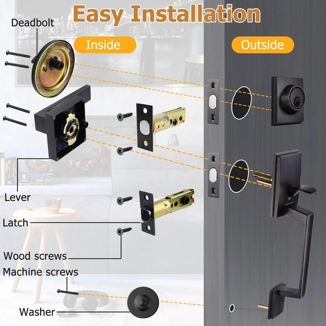 Alt view image 7 of 7 - Front Door Handle and Deadbolt Set, Front Door Lock Set, Exterior Door Lock Set, Front Door Handle with Single Cylinder Deadbolt for Exterior Door, Reversible for Right&Left(Oil Bronze Modern)