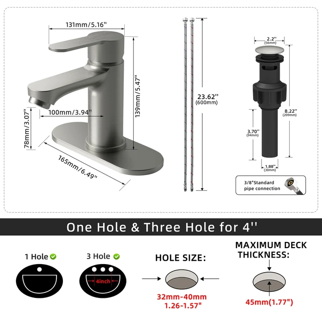 Alt view image 2 of 7 - Nickel Bathroom Faucet, Lead-Free for 1 or 3 Hole 4" Vanity Sink NSF372 Compliant,Anti-peeling PVD Finish,Includes Pop-up Drain & Hoses,Single Handle Modern Design, Easy DIY Install