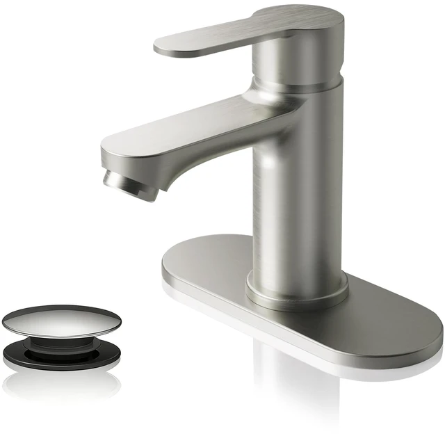 Main image of Nickel Bathroom Faucet, Lead-Free for 1 or 3 Hole 4" Vanity Sink NSF372 Compliant,Anti-peeling PVD Finish,Includes Pop-up Drain & Hoses,Single Handle Modern Design, Easy DIY Install