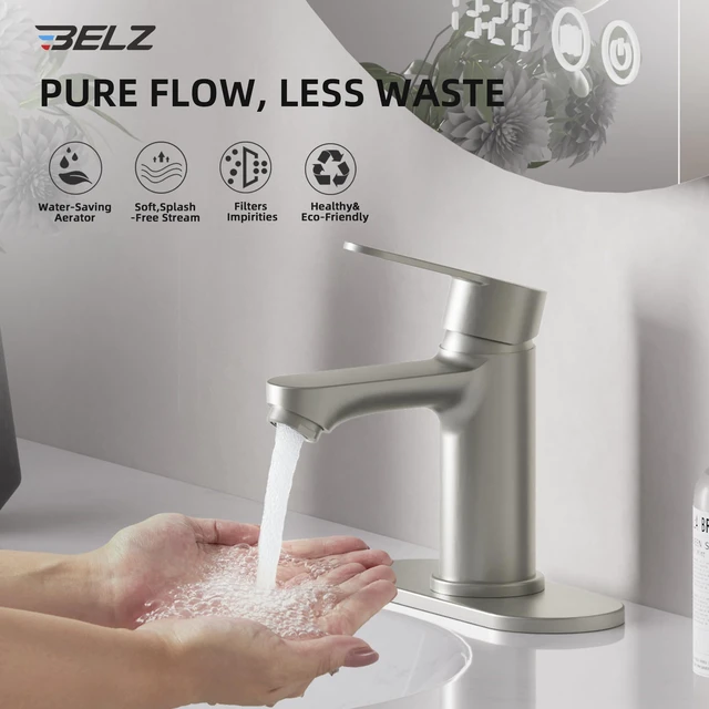 Alt view image 4 of 7 - Nickel Bathroom Faucet, Lead-Free for 1 or 3 Hole 4" Vanity Sink NSF372 Compliant,Anti-peeling PVD Finish,Includes Pop-up Drain & Hoses,Single Handle Modern Design, Easy DIY Install